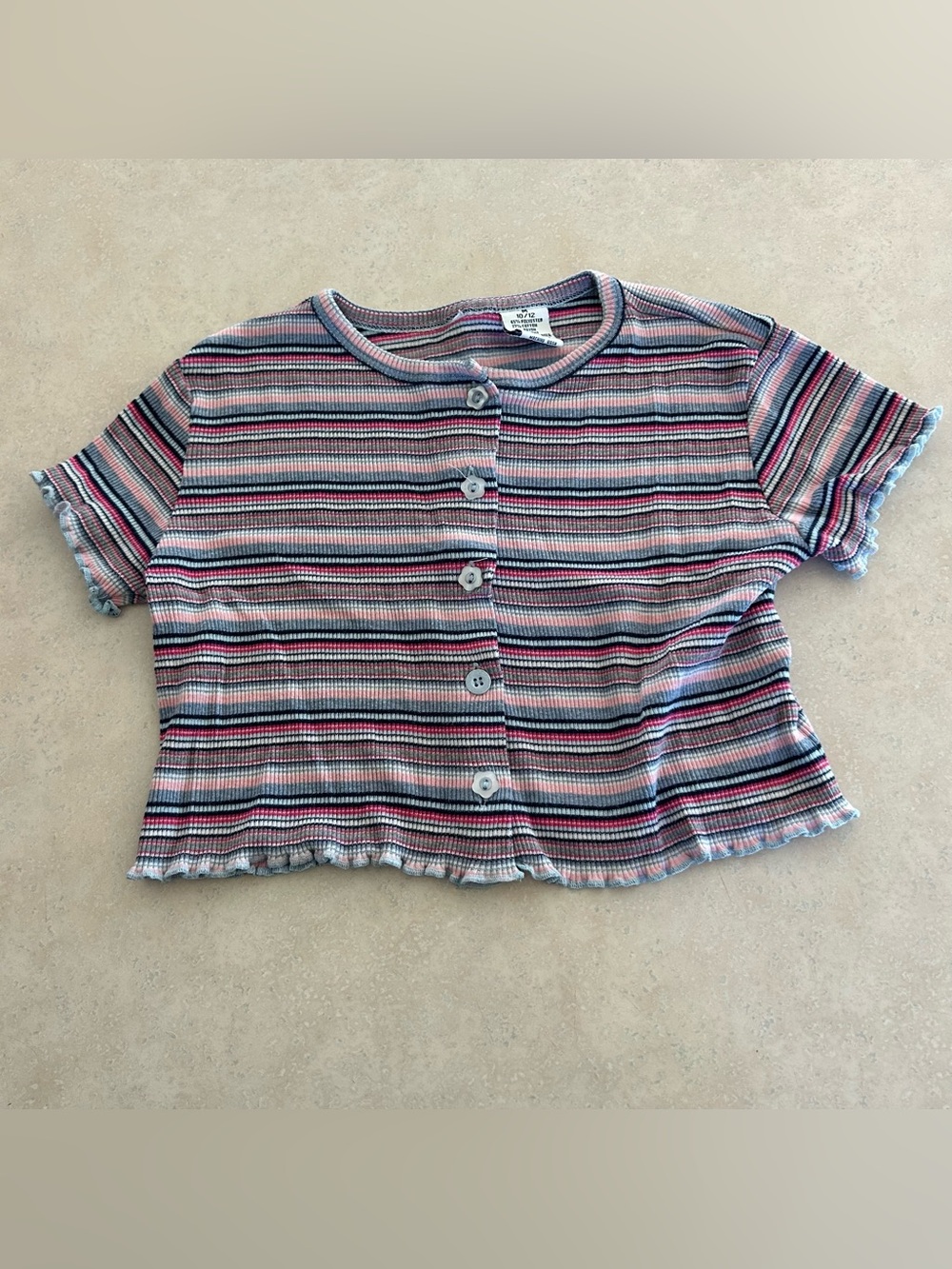 Girls' Striped Button-Front Ribbed Top - Pink & Blue